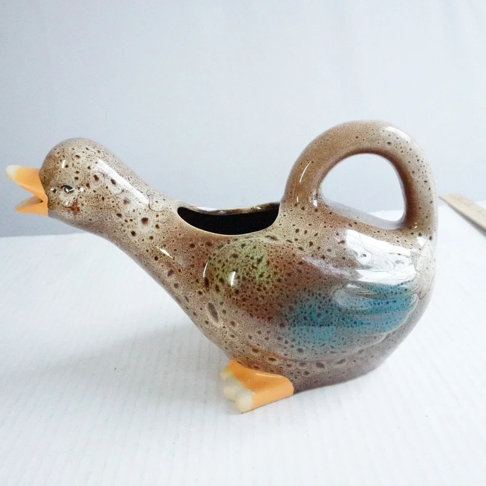 Ceramic Duck Pitcher Cream Brown Speckled Orange Beak Handle Farm Whimsical‎
